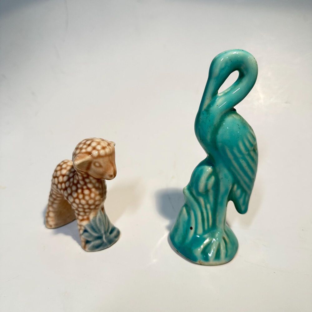 Vintage MCM Ceramic Animal Duo Textured Lamb & Turquoise Crane - Likely 1940s